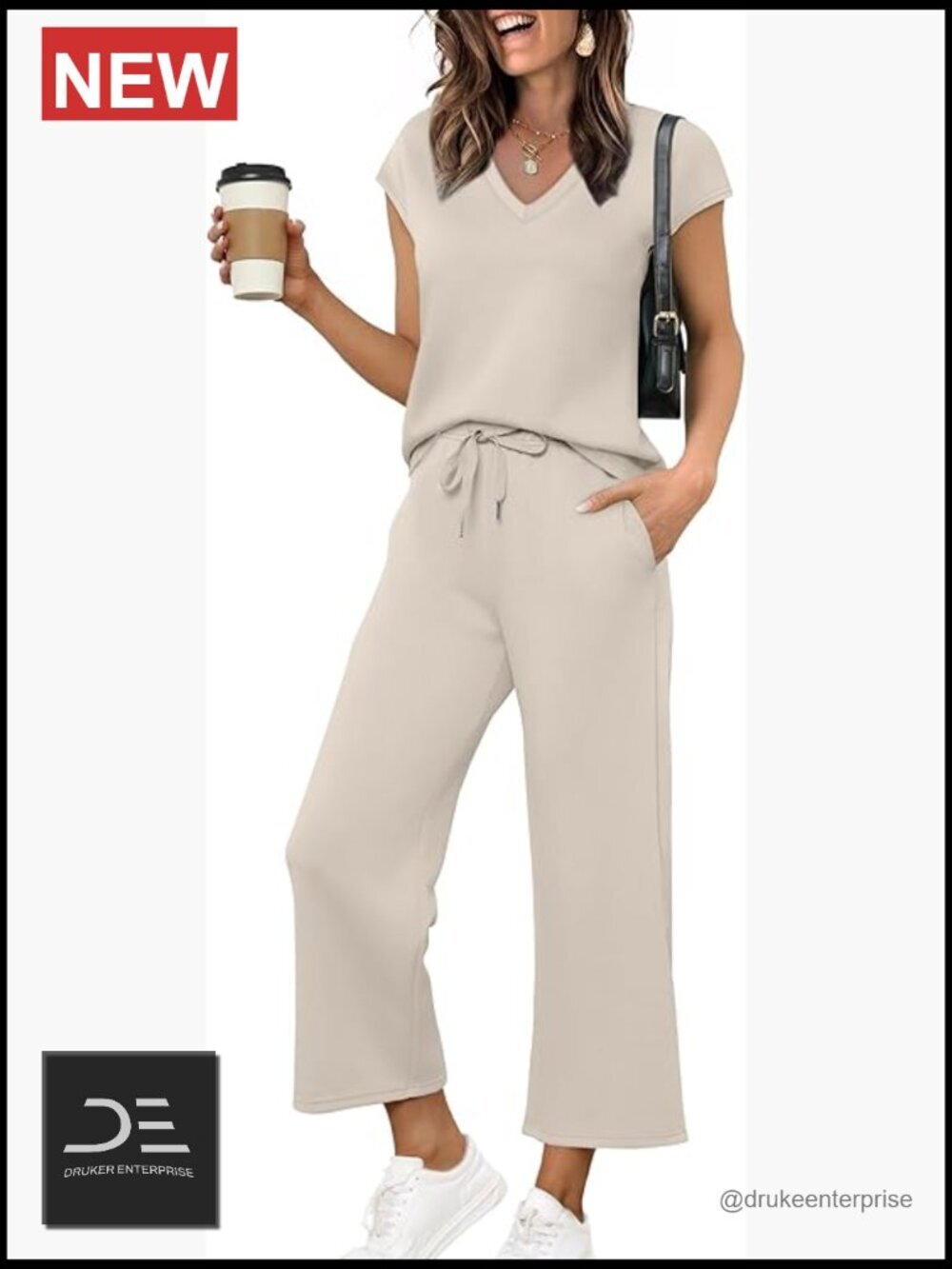 Two Piece Lounge Set V Neck Top Wide Leg Pants Vacation Outfit